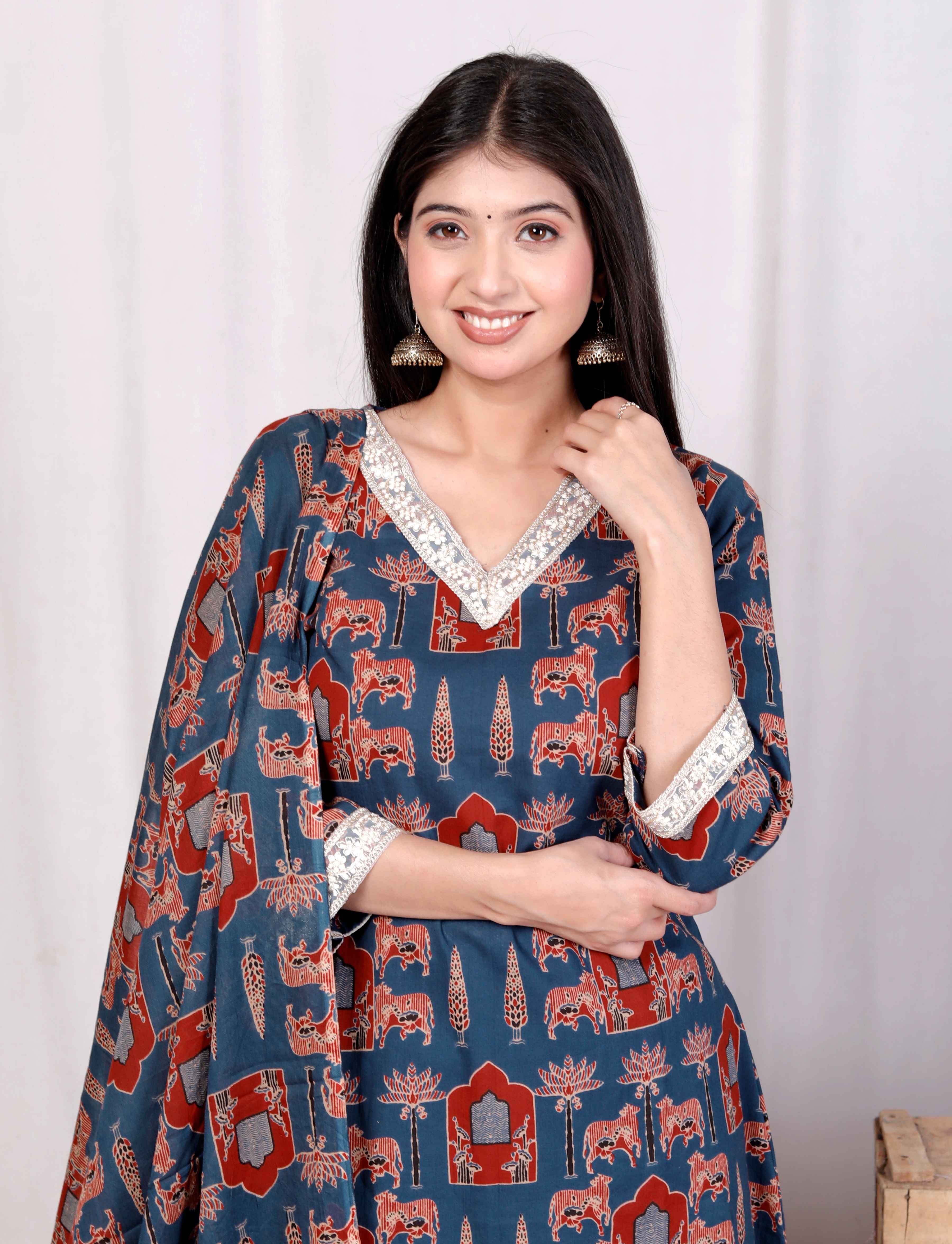 Blue Cotton Animal Print Kurta with Palazzo and Dupatta Set